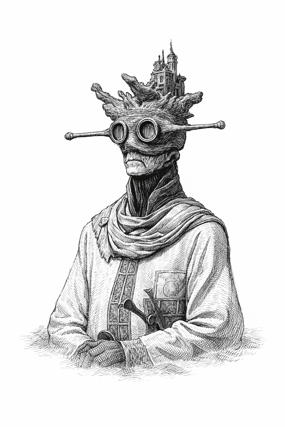 Goggled figure with a Gothic castle growing from its head