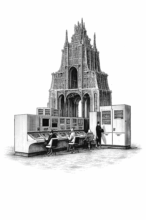 Gothic cathedral merging with a mainframe console