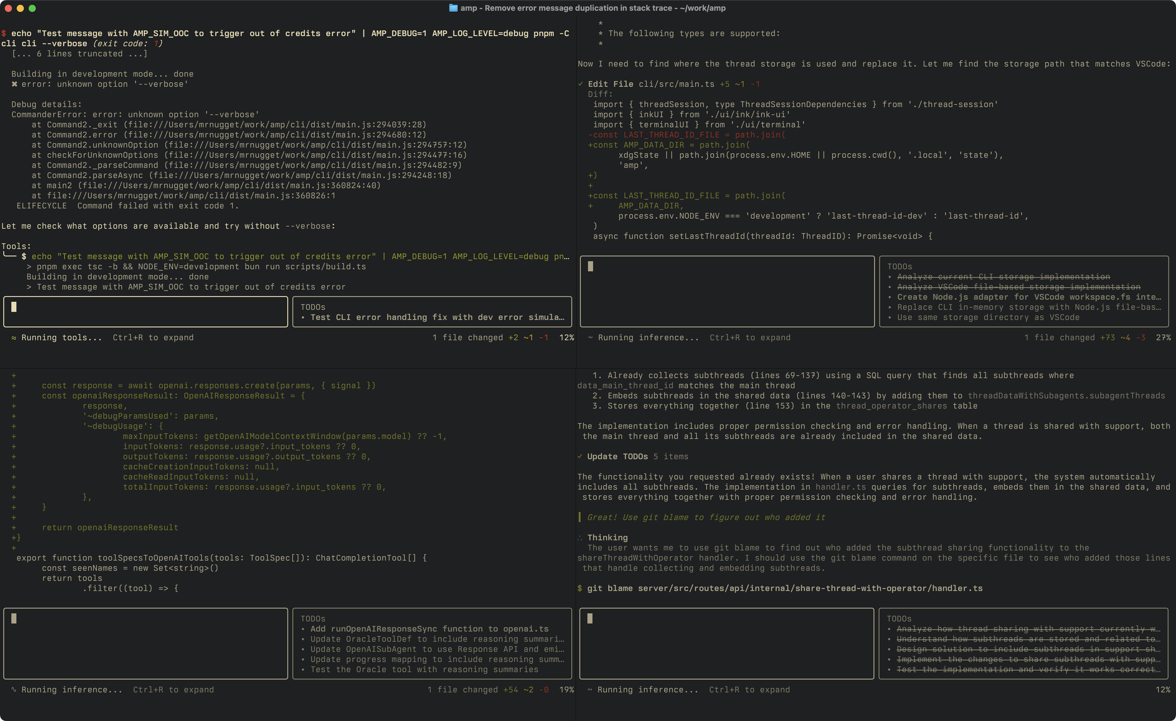 Four instances of the Amp CLI in action